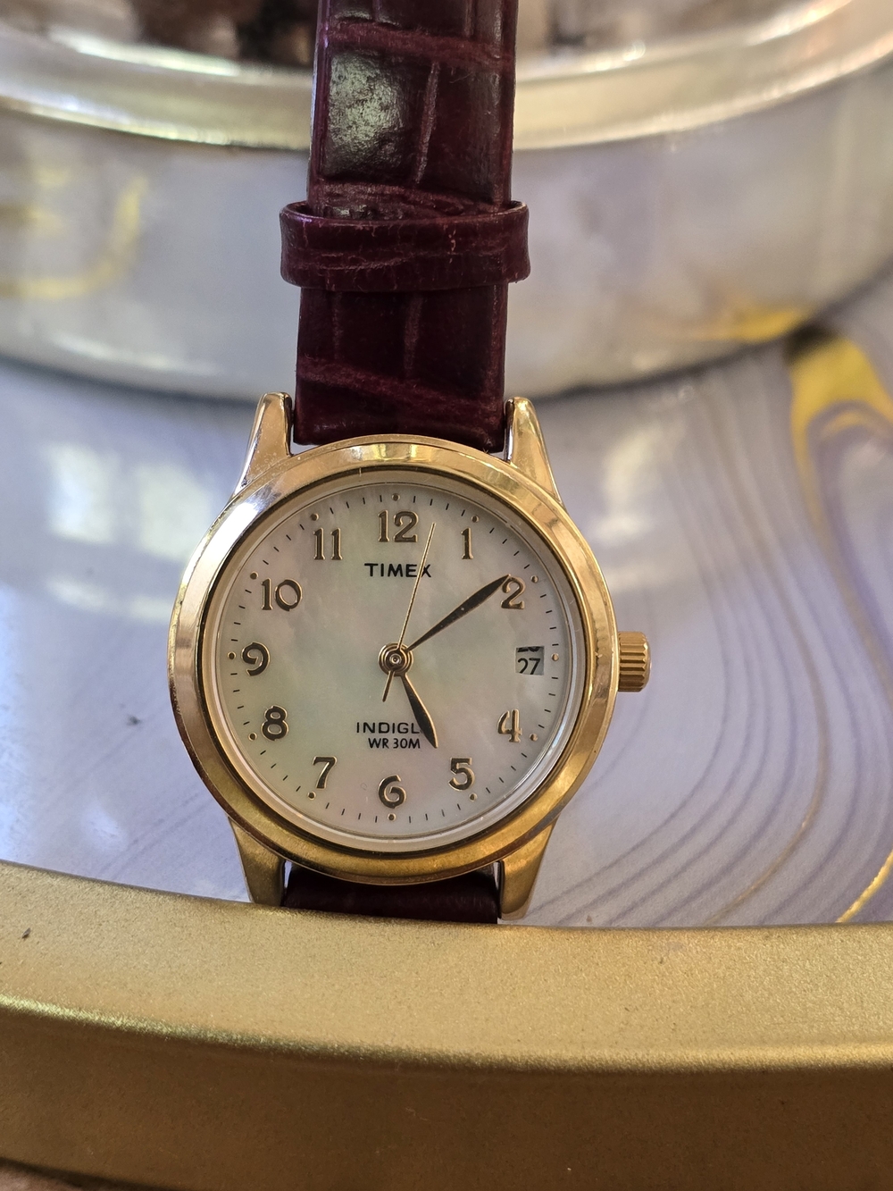 Timex Women's Gold Case Watch with Burgundy Leather Strap